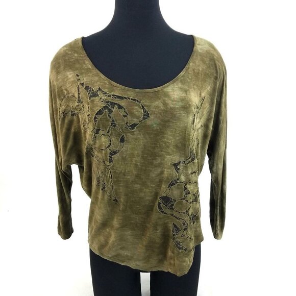 Free People Tone On Tone Brown Tie-Dye Flowy Tshirt Lace Cutout Womens XS - Picture 1 of 8